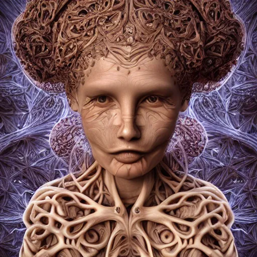 Prompt: beatifull frontal face portrait of a woman, 150mm, anatomical, flesh, flowers, mandelbrot fractal, facial muscles, veins, arteries, symmetric, intricate, elegant, highly detailed, ornate, ornament, sculpture, elegant , luxury, beautifully lit, ray trace, octane render in the style of peter Gric and alex grey