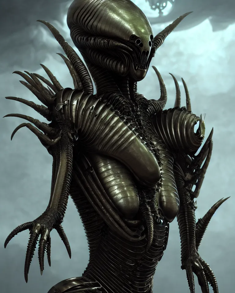 Image similar to epic portrait of alien queen in ring armour by giger and elvgren epic octane vfx maya render