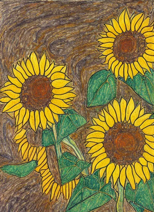 Prompt: an intricate drawing of a intertwined sunflowers by Egon Schiele and Piet Mondrian