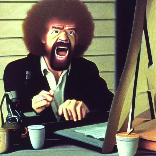 Image similar to angry bob ross screaming at his laptop