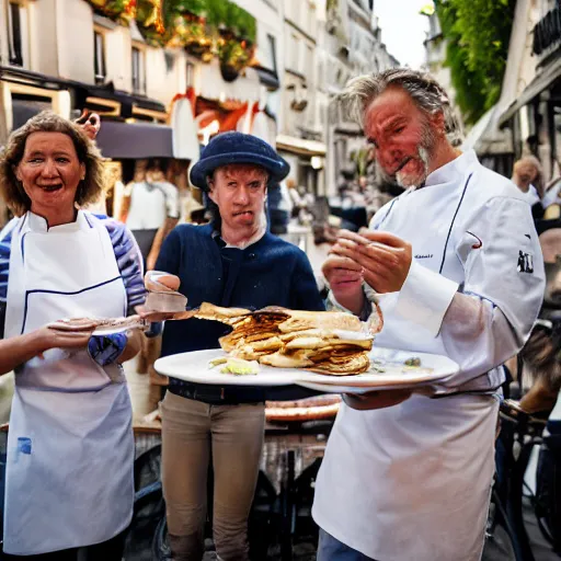 Image similar to closeup portrait of dutch chefs impressing the French people with superior pancakes in a street in Paris, by Steve McCurry and David Lazar, natural light, detailed face, CANON Eos C300, ƒ1.8, 35mm, 8K, medium-format print