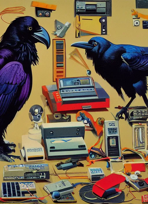 Image similar to a raven digging through 8 0 s era technology, vintage shapes, retro technology, happy color, wayne barlow, oil on canvas, deep depth of field, masterpiece, cinematic composition, hyperdetailed