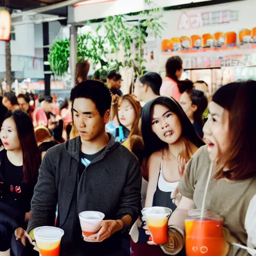 Image similar to photo of a crowd of people drinking boba milk tea while staring at the camera with soulless eyes and drool coming out of their mouths