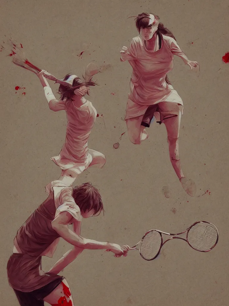 Prompt: young adult woman playing tennis, anime, painful, cardboard, blood stains on shirt, blood on tennis court, bleeding audience, illustration, traditional drawing style, dramatic mood, textured canvas, highly detailed, fine art, melancholic art, oil pastels, 8 k render octane high definition cgsociety