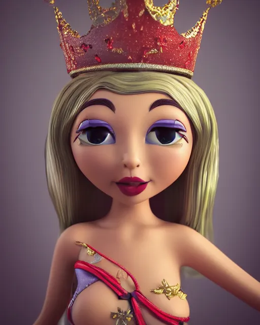 Image similar to closeup face profile portrait of a tin toy fairytale princess wearing a crown eating cakes, bikini, depth of field, zeiss lens, detailed, symmetrical, centered, fashion photoshoot by max fleischer, hyperrealistic, octane render