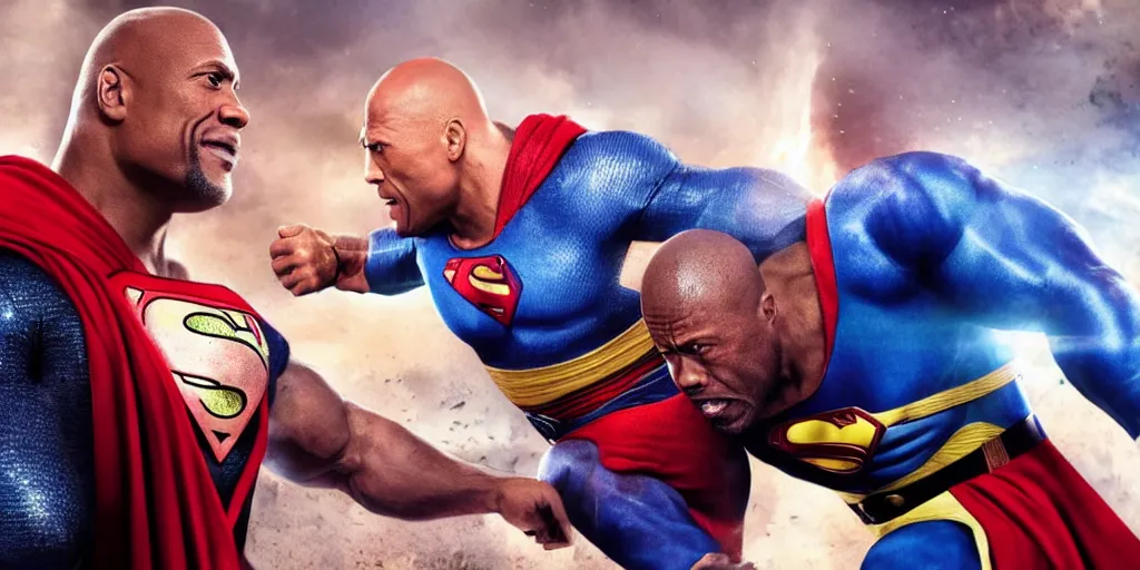 Prompt: kevin hart beating up the dwayne johnson in a superman costume, octane render, hyperdetailed