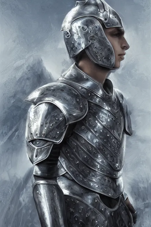 Image similar to a blonde male teenager wearing a silver plate armor, digital painting, digital art, oil painting, masterpiece, realistic and detailed face, profile picture, realistic, highly detailed, high quality, symmetrical, low contrast, trending on deviantart, soft colors, soft lighting, face portrait, beautiful, elegant, castle in the background, bokeh, artgem style