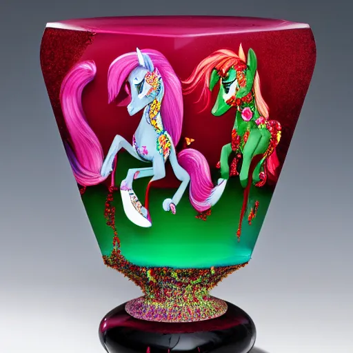 Image similar to A beautiful detailed vase designed by HR Geiger, translucent, onyx ruby and malachite, my little pony, evil