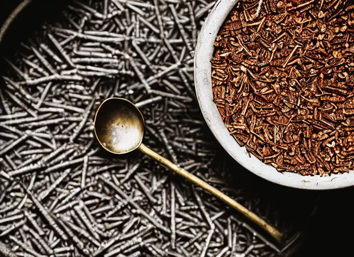 Image similar to dslr photograph of a bowl filled with rusty nails and metal parts with a spoon next to it, 8 5 mm f 1. 8