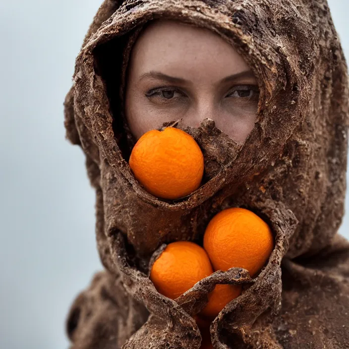 Prompt: a closeup portrait of a woman wearing a hood made of muddy rusty vinyl and plastic, picking oranges from a tree in an orchard, foggy, moody, photograph, by vincent desiderio, canon eos c 3 0 0, ƒ 1. 8, 3 5 mm, 8 k, medium - format print