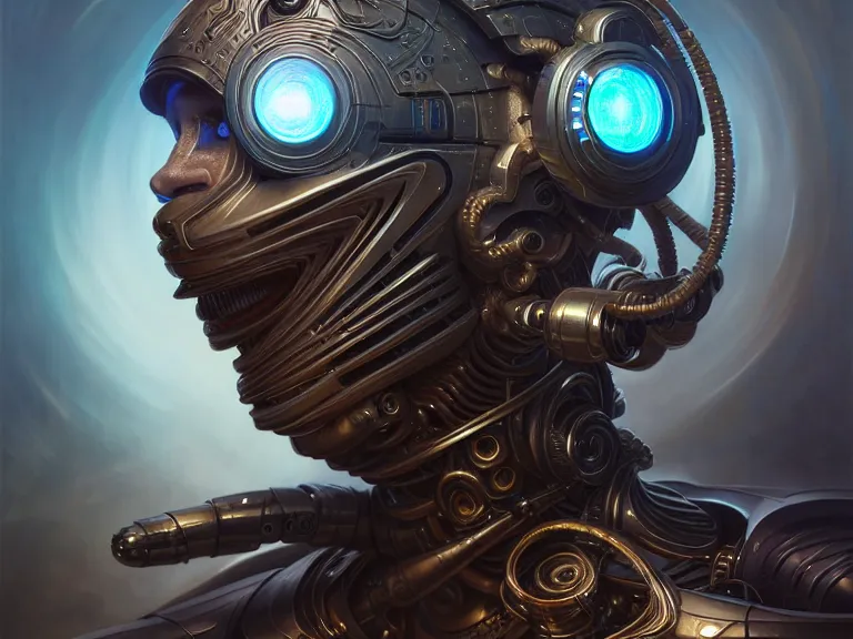 Image similar to portrait shot of a cyberpunk robot, intricate, elegant, highly detailed, centered, digital painting, artstation, concept art, smooth, sharp focus, illustration, artgerm, tomasz alen kopera, peter mohrbacher, donato giancola, joseph christian leyendecker, wlop, boris vallejo