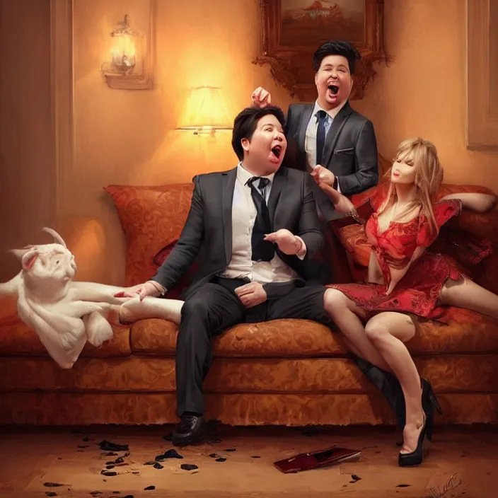 Image similar to portrait of michael mcintyre leaving on a sofa with a singing waitress, elegant, real life skin, intricate artwork, high detailed, artstation, concept art, smooth, sharpz focus, art by artgerm and greg rutkowski