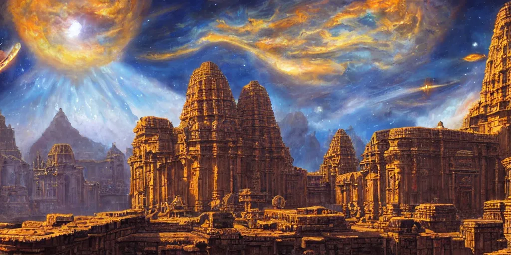 Image similar to fantasy oil painting, mega structure city, indore, kailasa temple, ellora, argos, hybrid, looming, small buildings, warm lighting, street view, overlooking, interstellar space port launching dock, epic, distant mountains, bright clouds, luminous sky, cinematic lighting, michael cheval, david palladini, artstation, oil painting, natural tpose