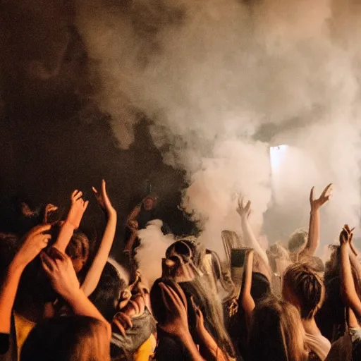 Prompt: yellow smoke surrounding a bunch of young people in a night club, surreal, dreamy