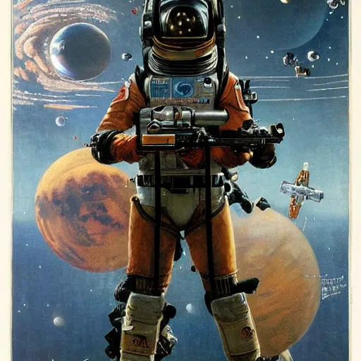 Prompt: a beautiful portrait of a space bounty hunter by Norman Rockwell