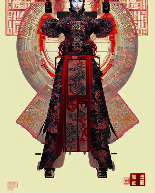 Image similar to portrait of a chinese cyberpunk machine, machine face, robed, upper half portrait, decorated with chinese opera motifs regal royal fierce machine robot cyberpunk fine china, wuxia, traditional chinese art intricate intense elegant highly detailed digital painting artstation concept art smooth sharp focus illustration, art by artgerm and greg rutkowski alphonse mucha 8 k