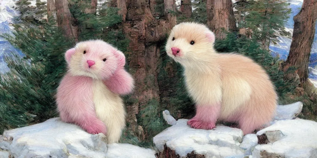 Prompt: 3 d precious moments plush weasel with realistic fur and an blue / white / gray / green / pink / tan / mid pink / blue gray color scheme, snowy mountain landscape, master painter and art style of john william waterhouse and caspar david friedrich and philipp otto runge