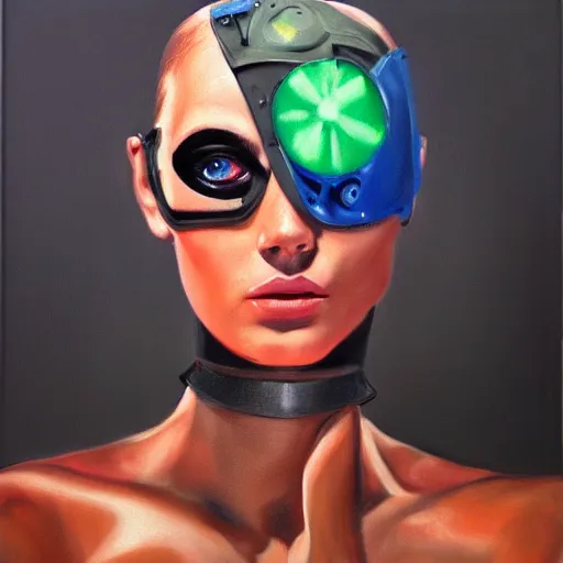 Image similar to cyborg fashion model, hyperrealism oil painting, matte