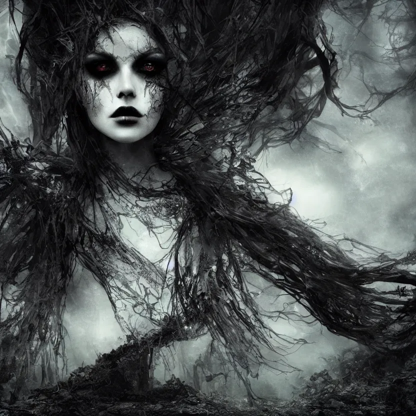 Image similar to stunning otherworldly Gothic goddess of beauty, dark and mysterious, atmospheric, ominous, eerie, cinematic, Epic, 8k, 4k, ultra detail, ultra realistic, rendered by awesomeness