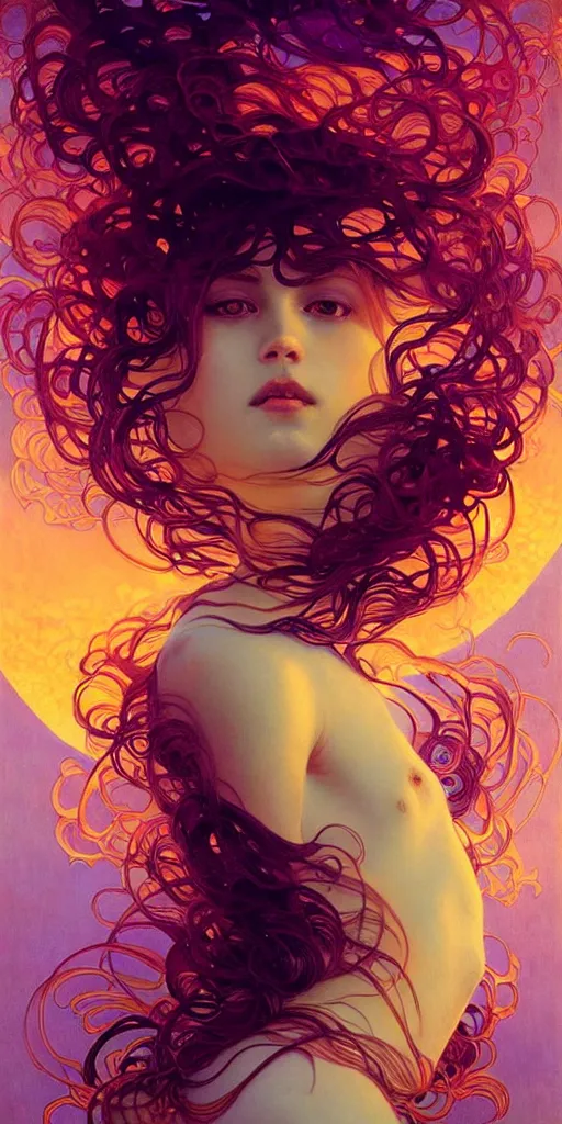 Image similar to transcendent mind bending indigo waves of glossy psychedelic liquid honey flowing like kaleidoscopic translucent amber, lsd waves, honey ripples, enlightenment, dramatic professional lighting, refracted sunset lighting, art by collier, albert aublet, krenz cushart, artem demura, alphonse mucha