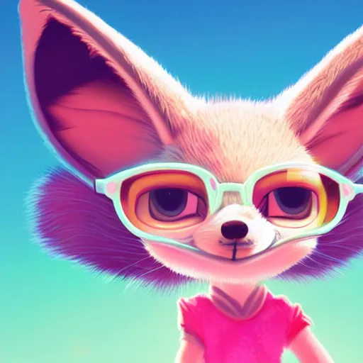 Prompt: fennec fox,neon pink, palm trees, furry, cute, smug facial expression, disney zootopia, zootopia, concept art, aviator sunglasses, smug expression, synthwave style, artstation, detailed, award winning, dramatic lighting, miami vice, oil on canvas, vibes, GTA criminal