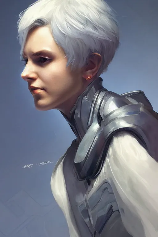 Image similar to science-fiction character portrait of Victor Nikiforov, short silver hair, tall, elegant, highly detailed, digital painting, artstation, upper body, concept art, smooth, sharp focus, illustration, art by artgerm and greg rutkowski and alphonse mucha