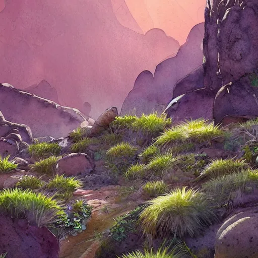 Image similar to stunning lush natural scene on another planet, with weird vegetation, rocks and colour. beautiful light. soft colour scheme. beautiful artistic detailed watercolor by lurid. ( 2 0 2 2 )