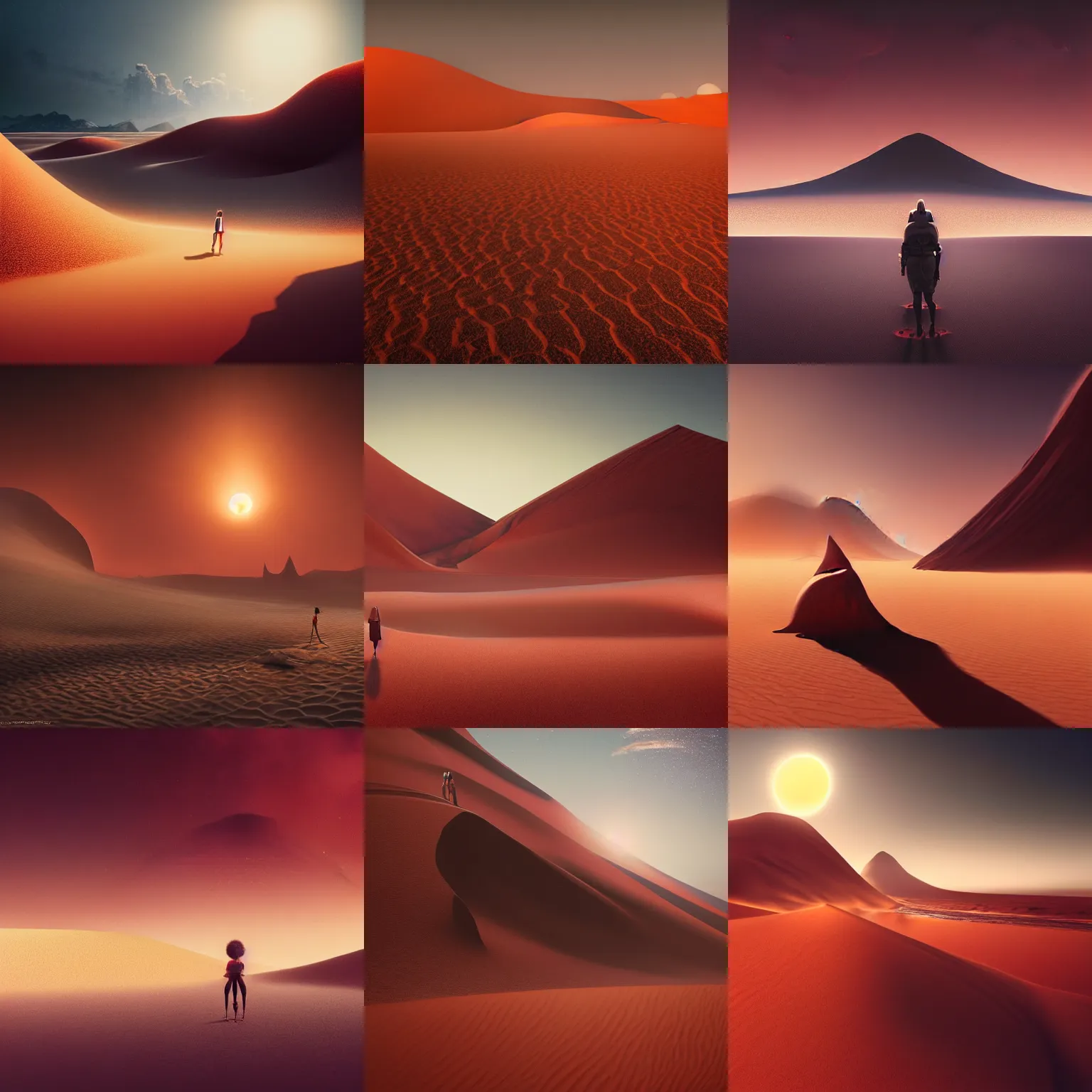 Prompt: dark black sand, dark desert with reddish sky and orange sun, gigantic dunes, octane render, in the style of greg rutkowski, peter mohrbacher, ultra realistic, atmospheric perspective, highly detailed, 8 k