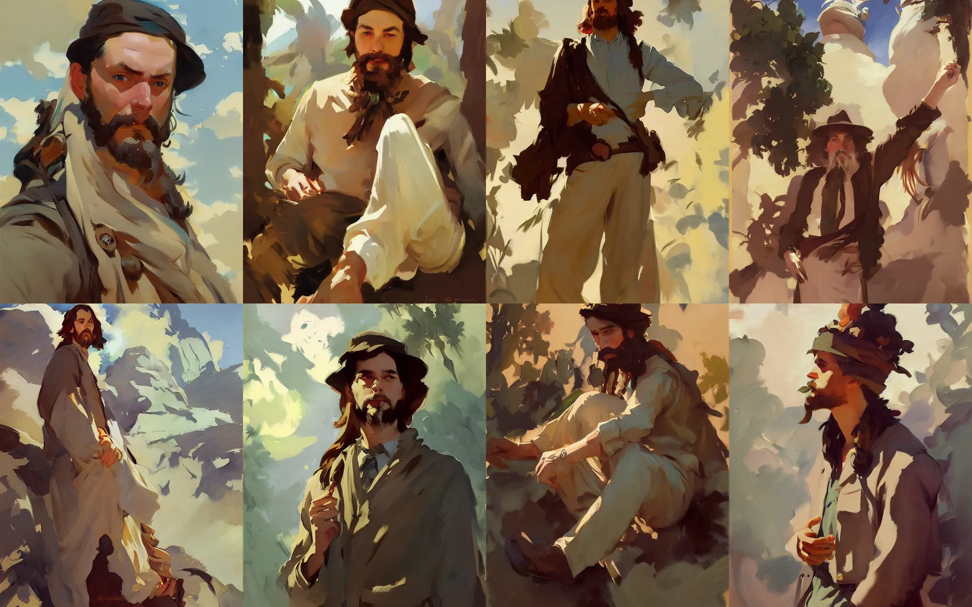 Prompt: portrait of vintage hippie men traveler greg manchess painting by sargent and leyendecker, studio ghibli, fantasy, medium shot, asymmetrical, intricate, elegant, matte painting, illustration, hearthstone, by greg rutkowski, by greg tocchini, by james gilleard, by joe fenton