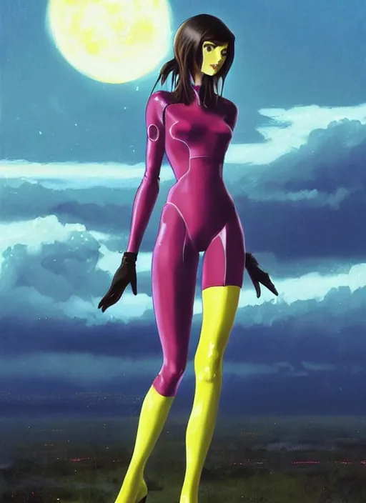 Prompt: full body portrait of a combination of Ashley Greene, Victoria Justice and Adriana Dxim, Grace Kelly and Lily Collins wearing a Plugsuit from Neon Genesis Evangelion, countryside, calm, fantasy character portrait, dynamic pose, above view, sunny day, thunder clouds in the sky, artwork by Jeremy Lipkin and Giuseppe Dangelico Pino and Michael Garmash and Rob Rey and Greg Manchess and Huang Guangjian, very coherent asymmetrical artwork, sharp edges, perfect face, simple form, 100mm