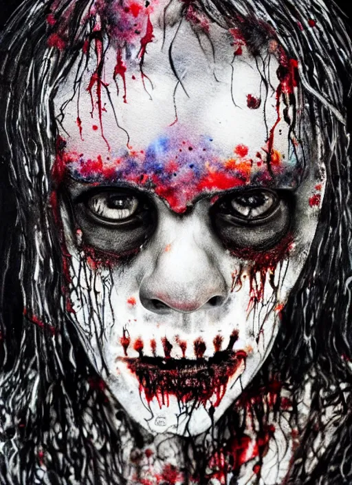 Prompt: black zombie hollywood artwork professional acting headshot, hyperrealism, intricate detail, studio lighting, charming expression gesicht, hauntingly beautiful zombie, watercolor art, epic, legendary, drawn and painted, colored layers, dulled contrast, exquisite fine art, splatterpaint