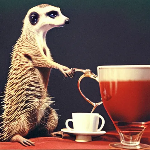 Prompt: meerkat drinking coffee, hedgehog drinking martini, cinematic, kodachrome