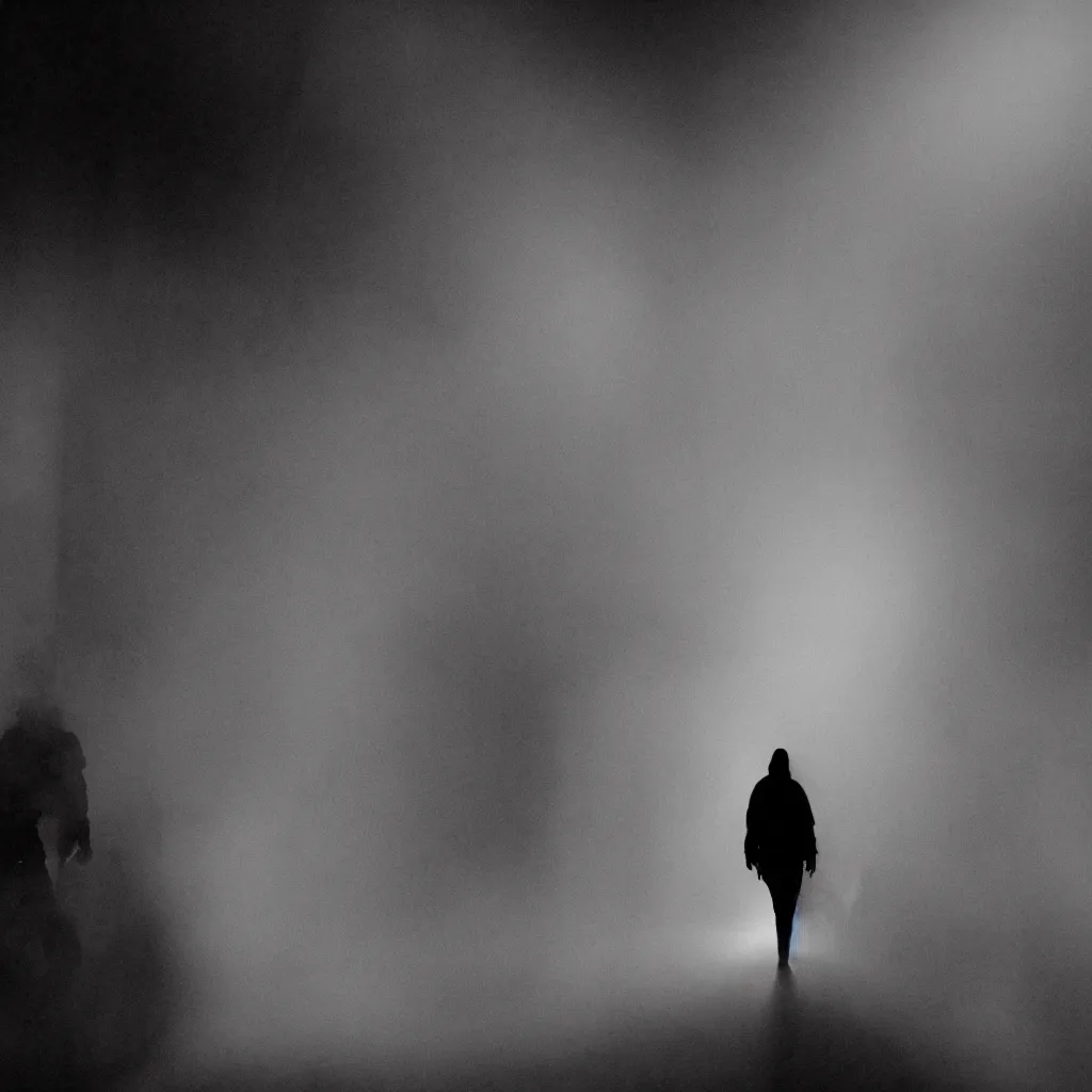 Prompt: a backlit, mostly silhouetted threatening person with long limbs and glowing eyes walks down a long shadowy apartment hallway dragging something behind it, low lying fog swirls at their feet, the ceiling is in darkness, water drips down from above, smoke, gloomy, nightmarish security footage, detailed