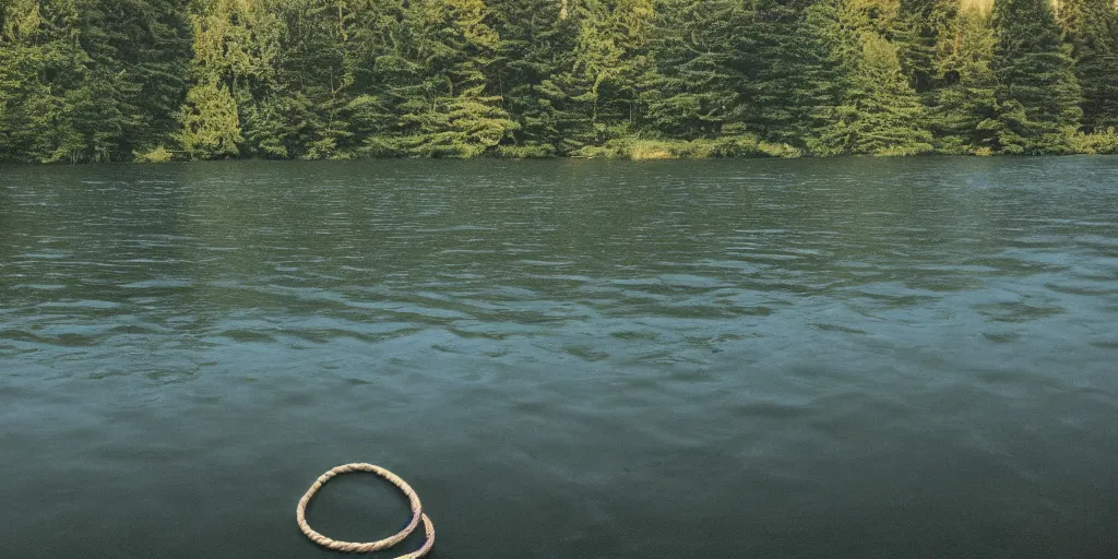 Image similar to symmetrical photograph of an infinitely long rope submerged on the surface of the water, the rope is snaking from the foreground towards the center of the lake, a dark lake on a cloudy day, trees in the background, moody, kodak colorf, anamorphic lens