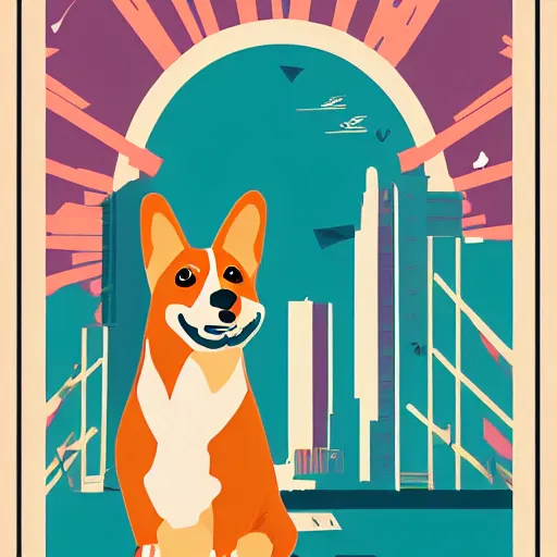 Prompt: detailed digital illustration of a corgi puppy, intricate urban background, futuristic, vintage poster, james gilleard