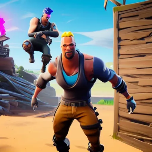 Image similar to screenshot from fortnite dwanye the rock jhonson as a fortnite character