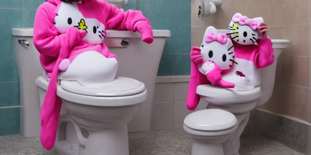 Prompt: picture of emmanuel macron dressed in a hello kitty kigurumi on a toilet, photorealistic, higly detailed, 8 k