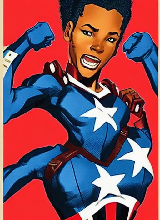 Image similar to beautiful black female captain america. afro - feminist captain america wins wwii. american wwii propaganda poster by james gurney, rob liefeld and pixar. gorgeous face. overwatch, realistic. black power