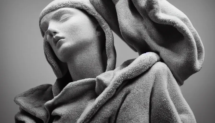 Image similar to well lit fashion shoot portrait of extremely beautiful female marble statue wearing huge over size puffer jacket by dingyun zhang, yeezy, balenciaga, vetements, a cold wall, sharp focus, clear, detailed,, cinematic, detailed, off white, glamourous, symmetrical, vogue, editorial, fashion, magazine shoot, glossy