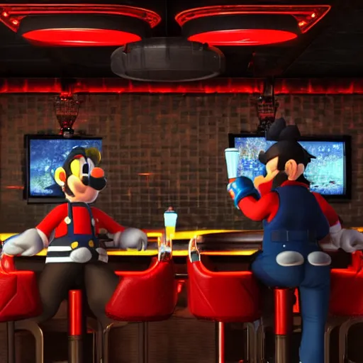 Prompt: an ultradetailed 3 d render of shadow the hedgehog and bowser sitting in a bar drinking beer, dive bar with a karaoke machine, volumetric lighting, 4 k, octane render, in the style of mario and sega