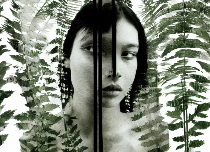 Image similar to a female model with long black hair, emerging from a dense misty forest of fern leaves wearing camouflage by yohji yamamoto, in the style of daido moriyama, double exposure