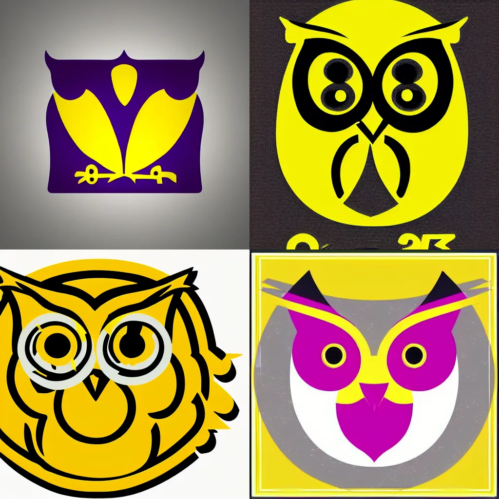 Prompt: A yellow and magenta minimalist logo of an owl in the y2k style, created by The Designers Republic