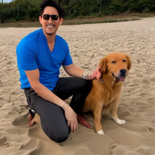 Prompt: markiplier sitting on the beach with a golden retriever. photograph. low angle. high quality.