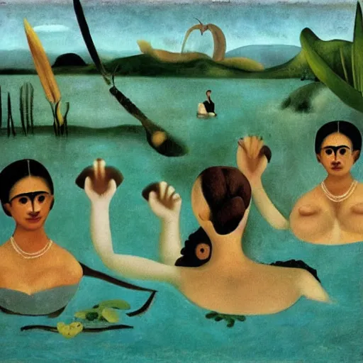 Prompt: “women bathing in a lake by frida khalo”