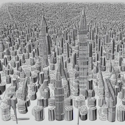 Prompt: Pencil drawing of a bird's-eye view of the city made of white chess pieces