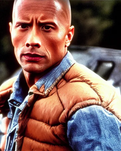 Image similar to film still close - up shot of dwayne johnson as marty mcfly from the movie back to the future. photographic, photography