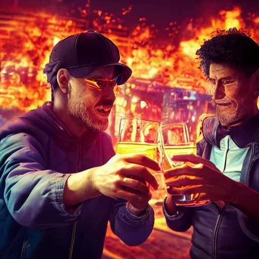 Image similar to two men toast while waiting for the end of the world in a burning cyberpunk city, realistic, high definition, 4K, shimmering color, symmetrical face, realistic face, hyper detailed, art of unreal ingine 5