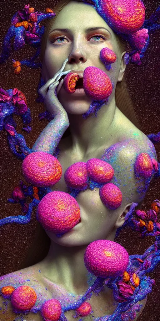 Image similar to hyper detailed 3d render like a Oil painting - portrait sculpt of Aurora (Singer) seen Eating of the Strangling network of yellowcake aerochrome and milky Fruit that covers her body and Her delicate Hands hold of gossamer polyp blossoms bring iridescent fungal flowers whose spores black the foolish stars by Jacek Yerka, Mariusz Lewandowski, Houdini algorithmic generative render, Abstract brush strokes, Masterpiece, Edward Hopper and James Gilleard, Zdzislaw Beksinski, Mark Ryden, Wolfgang Lettl, hints of Yayoi Kasuma, octane render, 8k