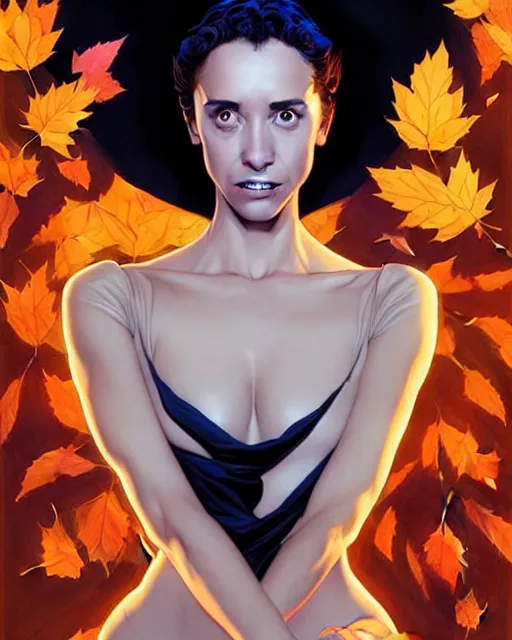 Prompt: beautiful stella maeve magician, black magic spells, in the style of joshua middleton, rafeal albuquerque comicbook cover art, phil noto, creepy pose, spooky, symmetrical face and body, volumetric lighting, cinematic lighting, detailed realistic symmetrical eyes, insanely detailed and intricate elegant, autumn leaves, artgerm