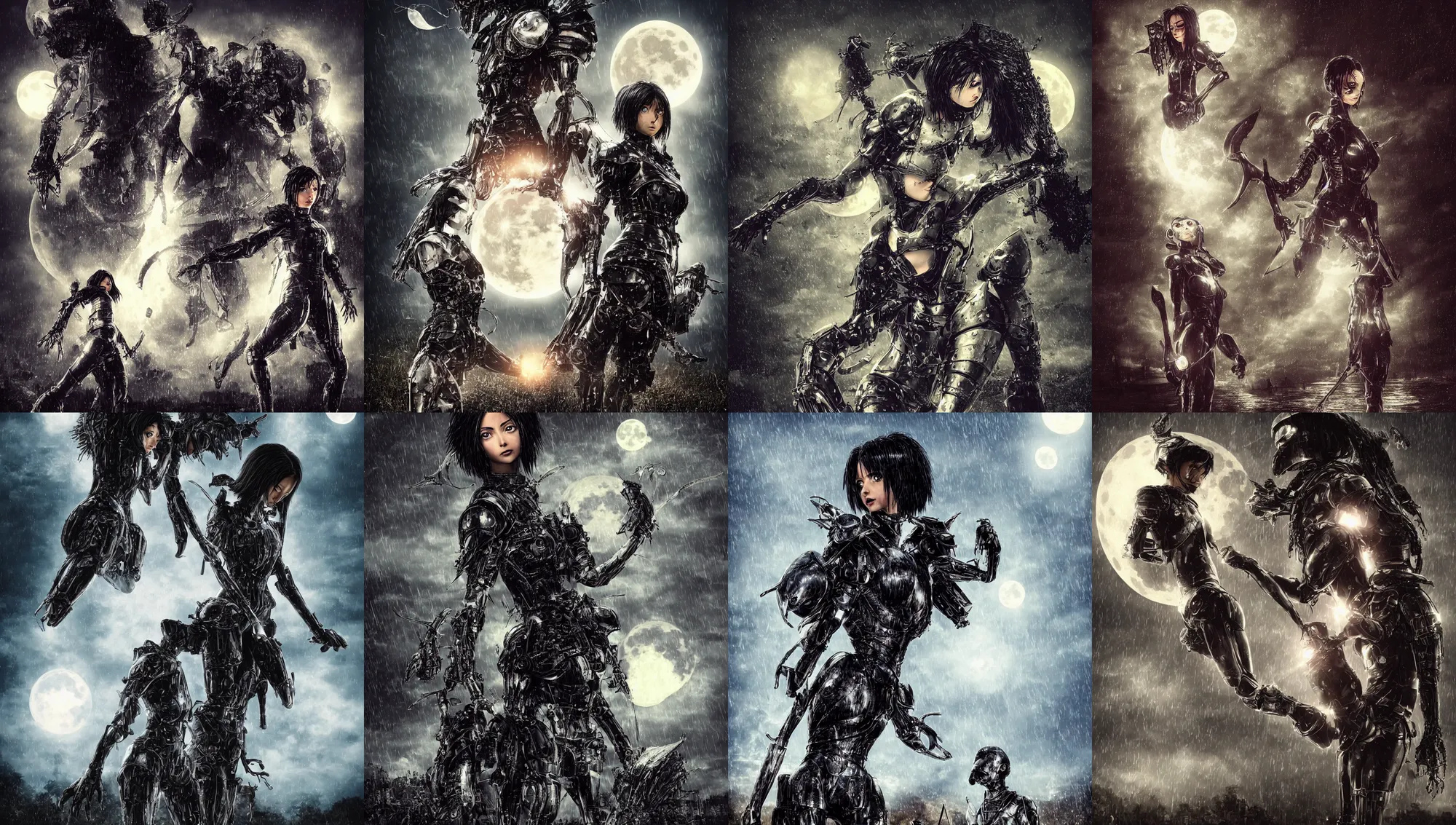 Prompt: angry anthropomorphic wishbone, wearing rain soaked armour in heavy rain, incredibly fine detailed portrait, battle angel alita, dynamic angle, elegant, full body profile, 2 0 0 mm focal length, highly detailed, dramatic full moon lighting, many fireflies, gothic castle prodominently in the background, movie cover